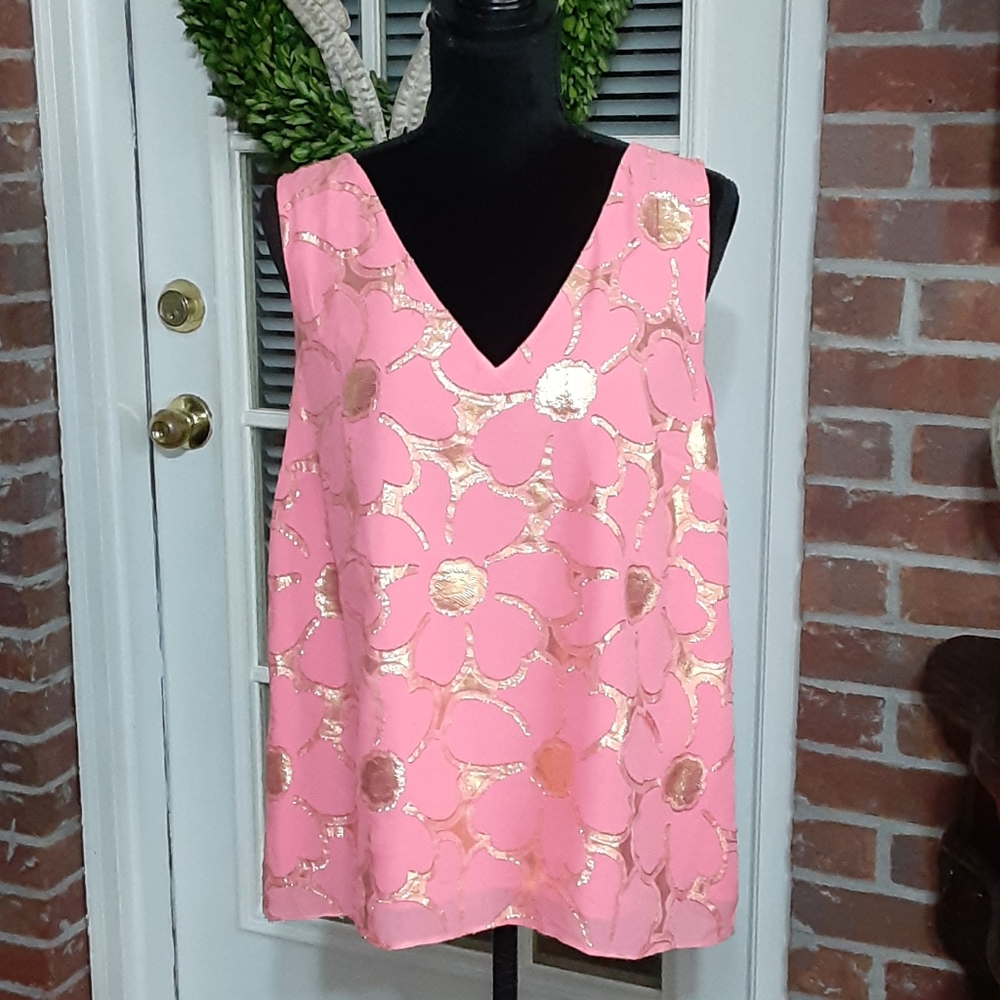 Lilly Pulitzer pink gold metallic silk top L EUC